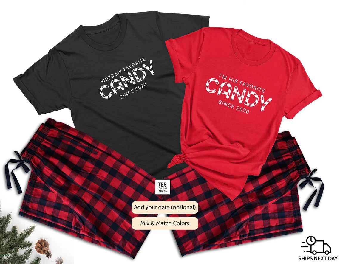 She s my favorite candy I m his favorite candy Couple Matching Pajamas Christmas couple pajamas Valentine s Day Gift Holiday Pjs