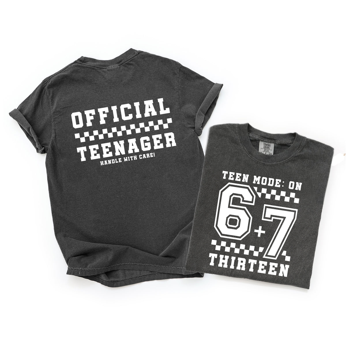 Pepper color 13 year old birthday t-shirt flat lay showing front teen mode design and back official teenager handle with care print