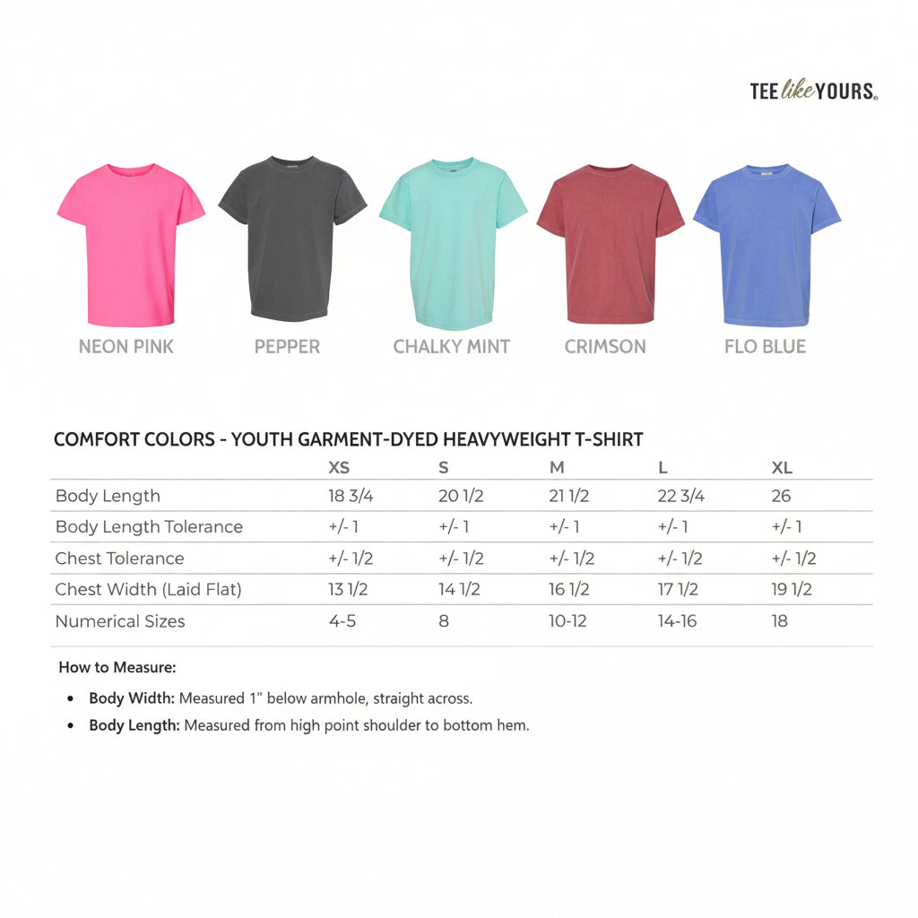 Size chart and color options for 13th birthday official teenager t-shirt available in pepper, crimson and flo blue