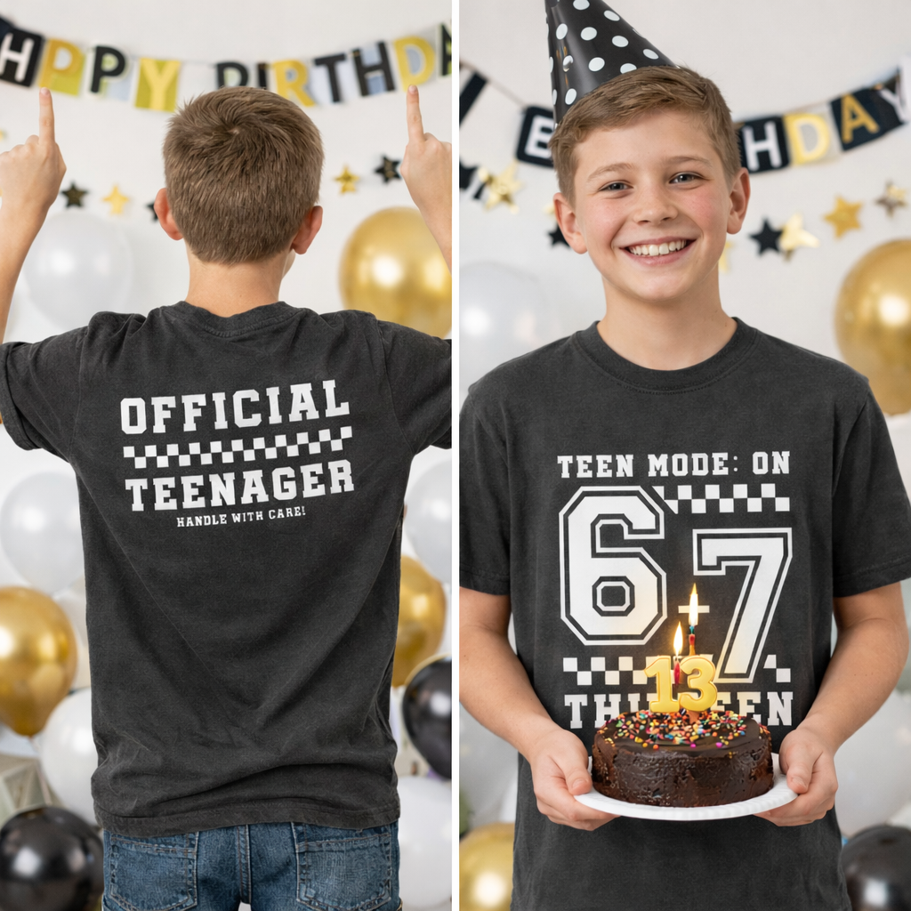 13th birthday t-shirt for boys in pepper color showing front and back print – “Teen Mode: On 6+7 Thirteen” on front and “Official Teenager Handle With Care” on back, modeled by 13 year old boy