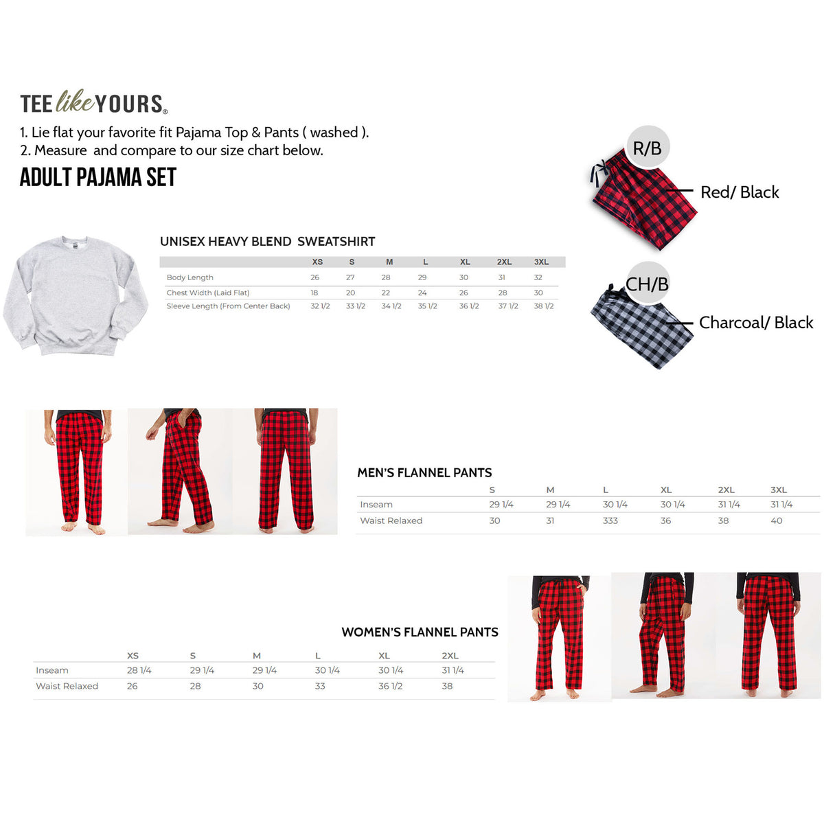 Pajama set size chart with illustrations of pajama top, pants, and sweaters.
