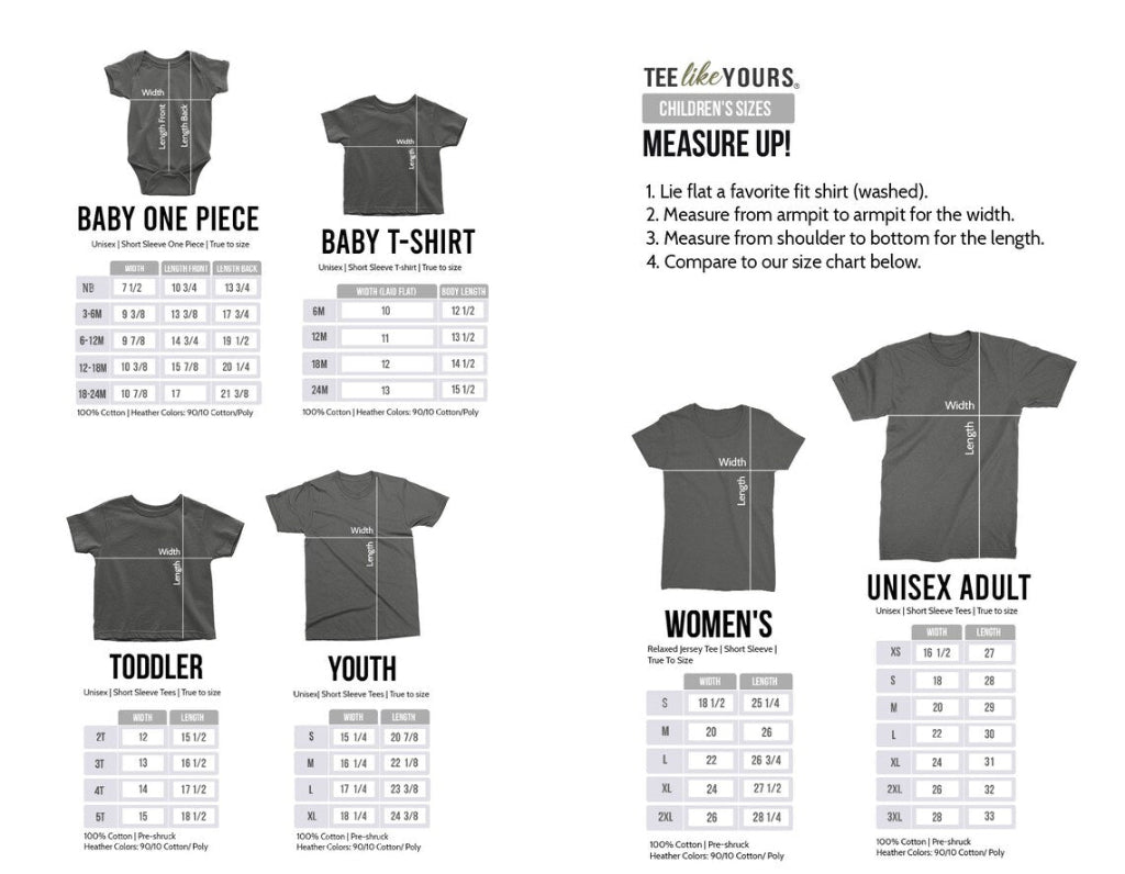 Size chart for baby bodysuits and baby, toddler, youth, women’s and unisex adult T-shirts, with measurements in inches.
