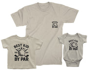 Set of matching t-shirts and onesie with 'Best Dad by Par', 'Best Kid by Par' text on a beige background.