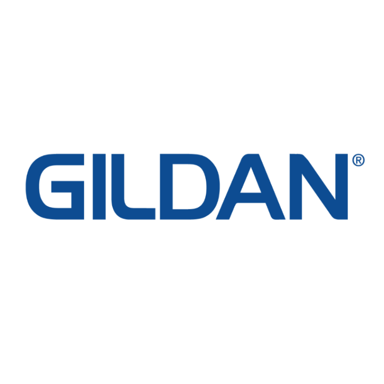 Gildan logo in blue on a white background