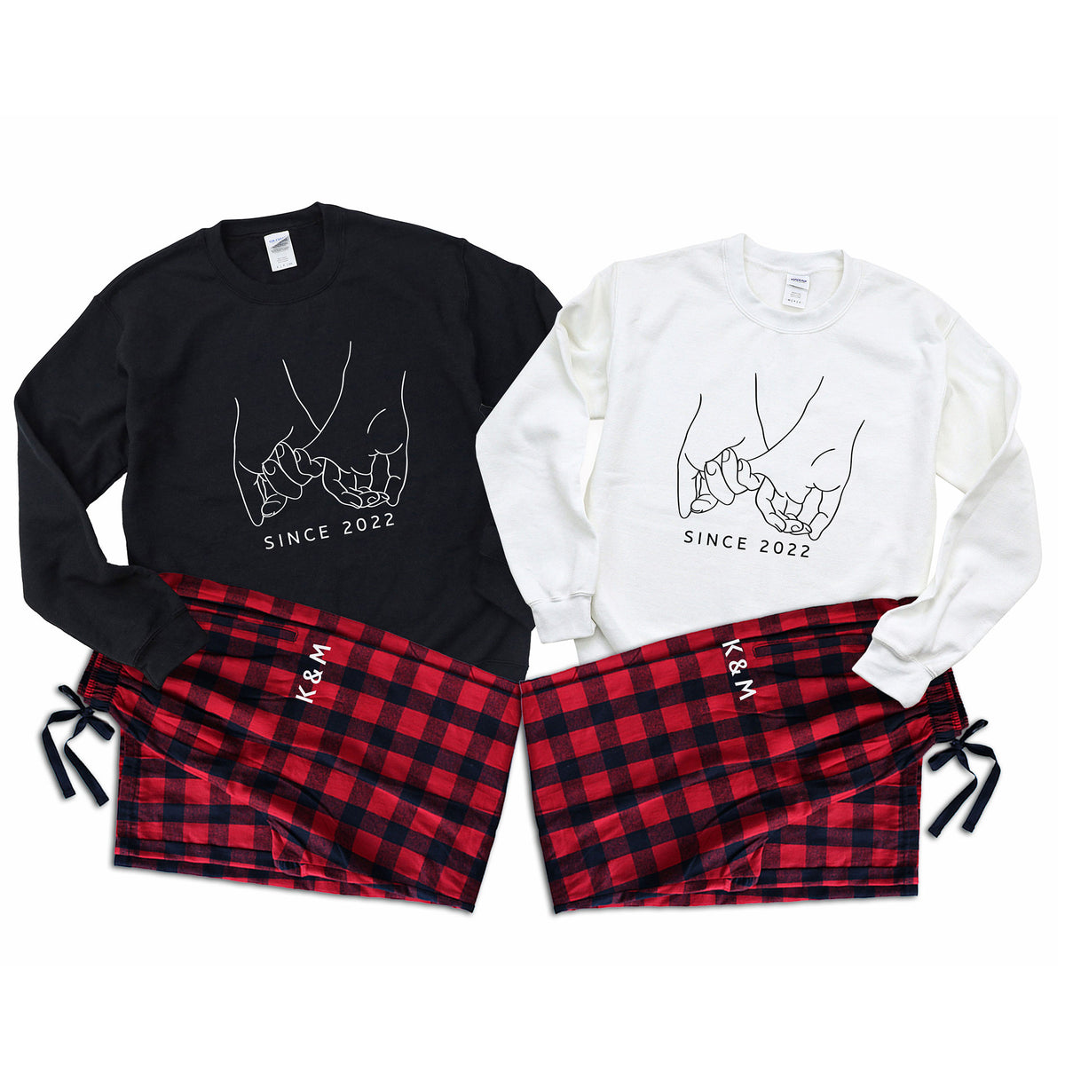 Black and white sweatshirts with red plaid pants featuring 'K&M' and 'Since 2022' text on a white background.