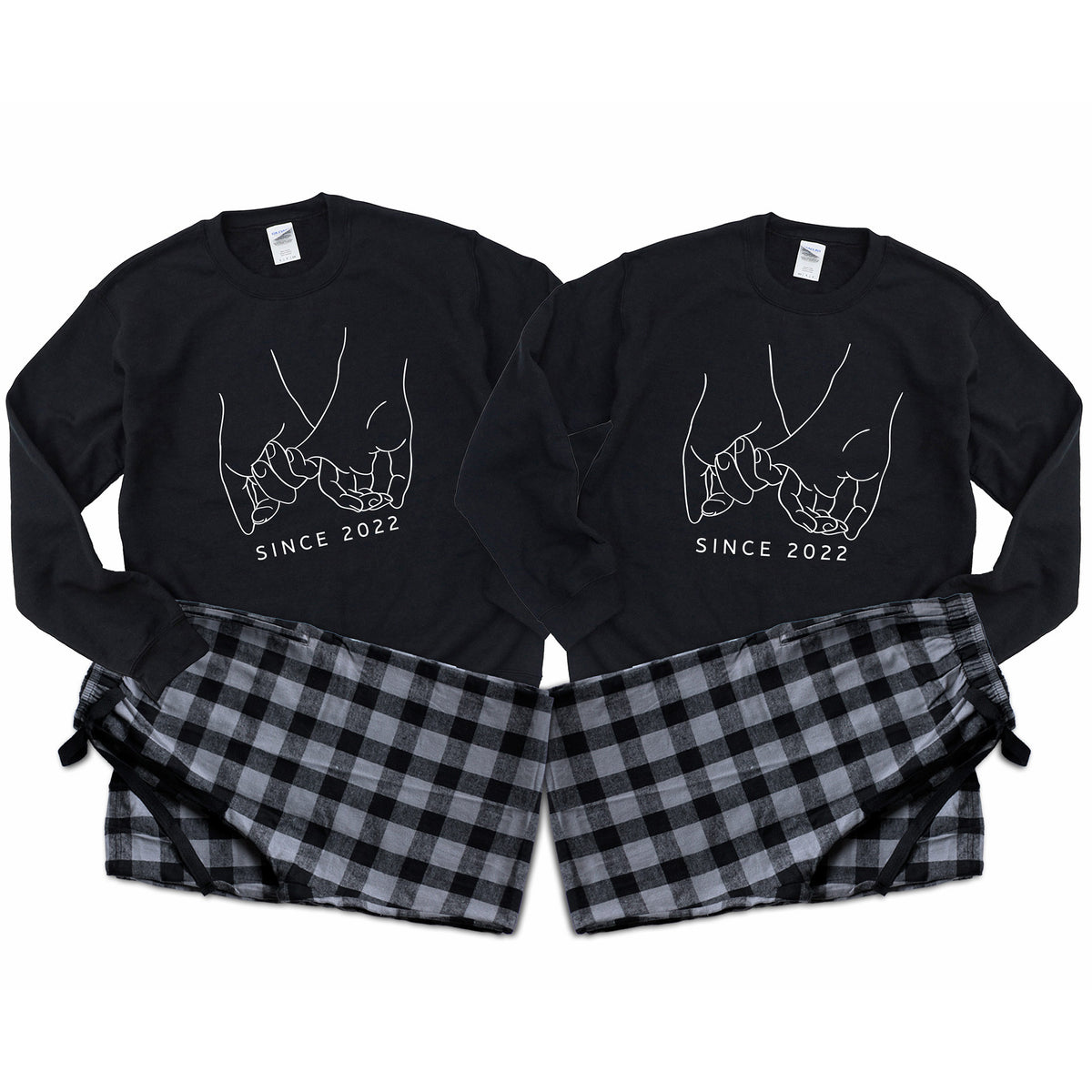 Black long-sleeve shirts with hand design and 'SINCE 2022' text, paired with pj pants on a white background.