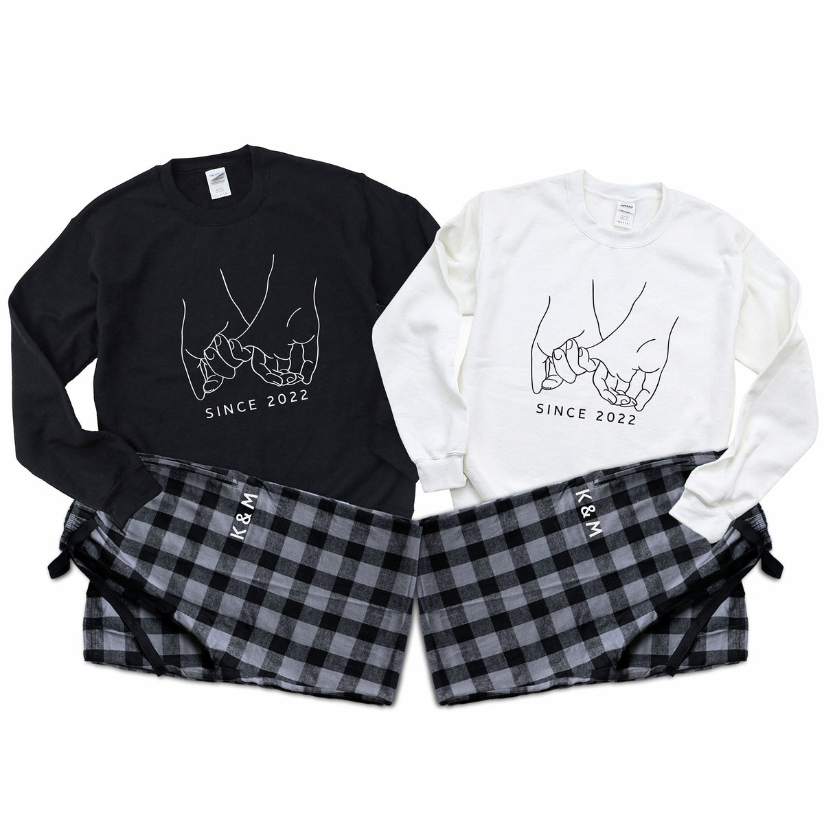 Black and white sweatshirts with plaid pants featuring 'K&M' and 'Since 2022' text on a white background.