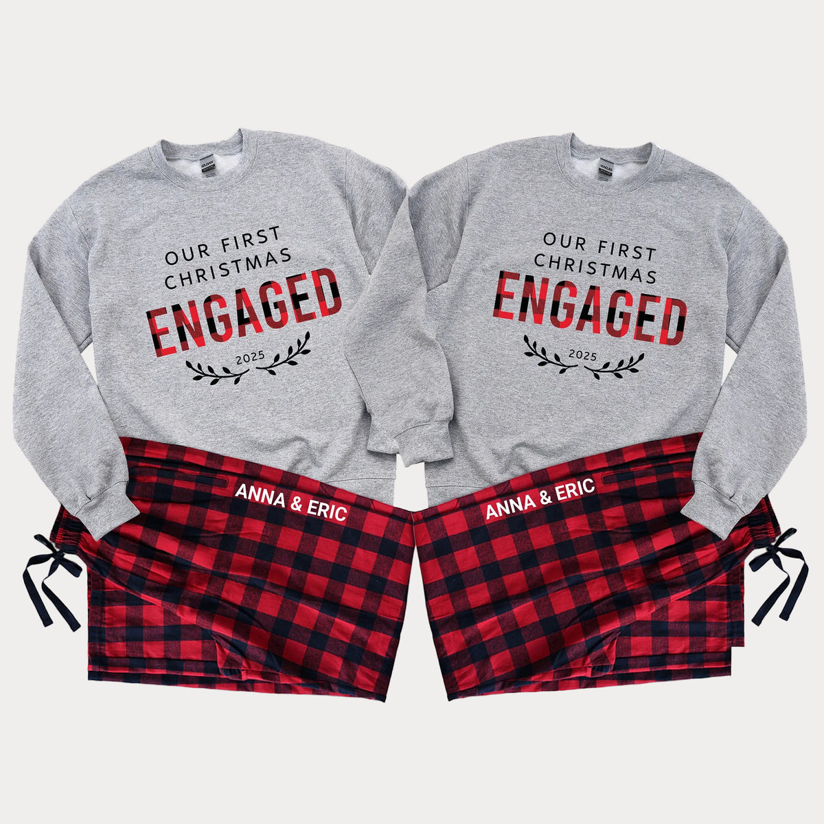 Personalized Christmas Matching Pajamas for Couples – Our First Christmas Engaged 2025 | Custom Name His & Hers | Sweatshirt and Flannel Pants Set | Holiday Gift | Price for one set