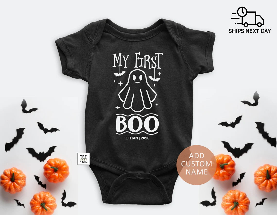 My First Boo - Halloween Baby Bodysuit with Custom Name, Personalized 1st Halloween Boy or Girl Outfit