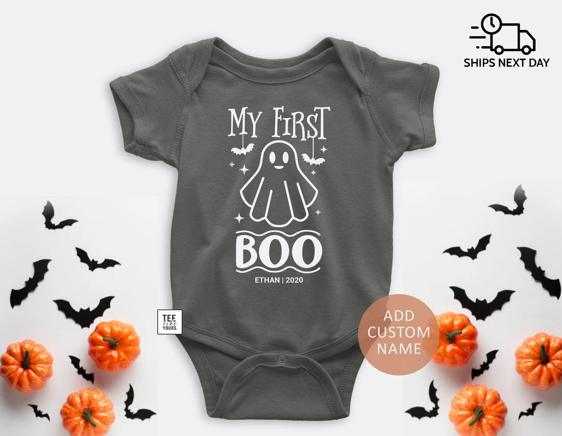 My First Boo - Halloween Baby Bodysuit with Custom Name, Personalized 1st Halloween Boy or Girl Outfit