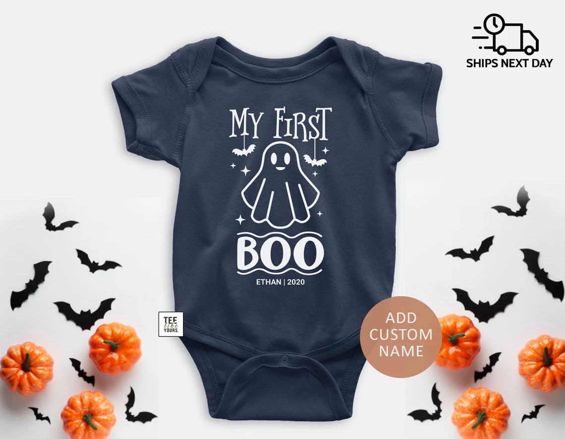 My First Boo - Halloween Baby Bodysuit with Custom Name, Personalized 1st Halloween Boy or Girl Outfit