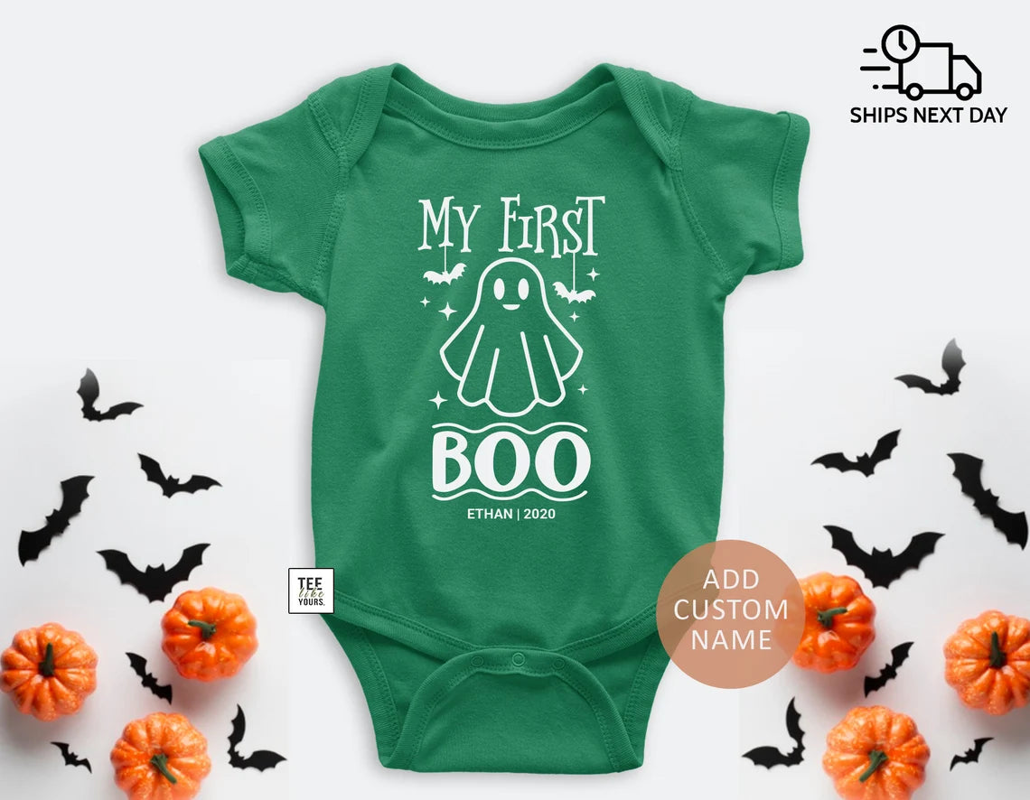 My First Boo - Halloween Baby Bodysuit with Custom Name, Personalized 1st Halloween Boy or Girl Outfit