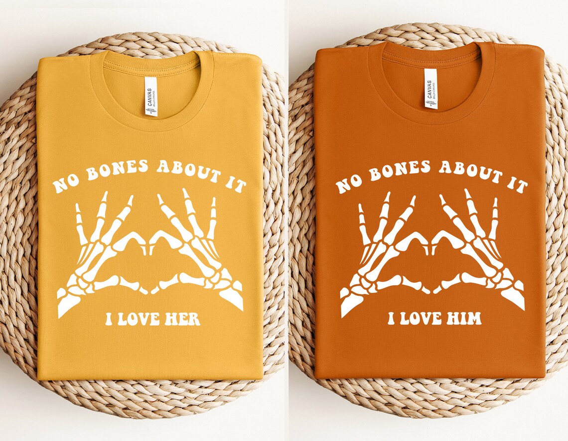 No Bones About It Matching Halloween T-Shirts for Couples – I Love Him & I Love Her Skeleton Tees