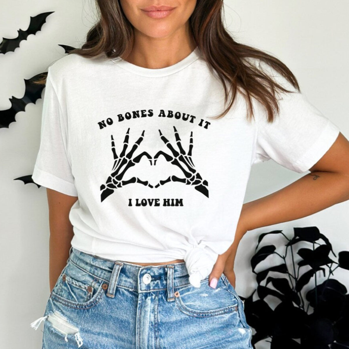 No Bones About It Matching Halloween T-Shirts for Couples – I Love Him & I Love Her Skeleton Tees
