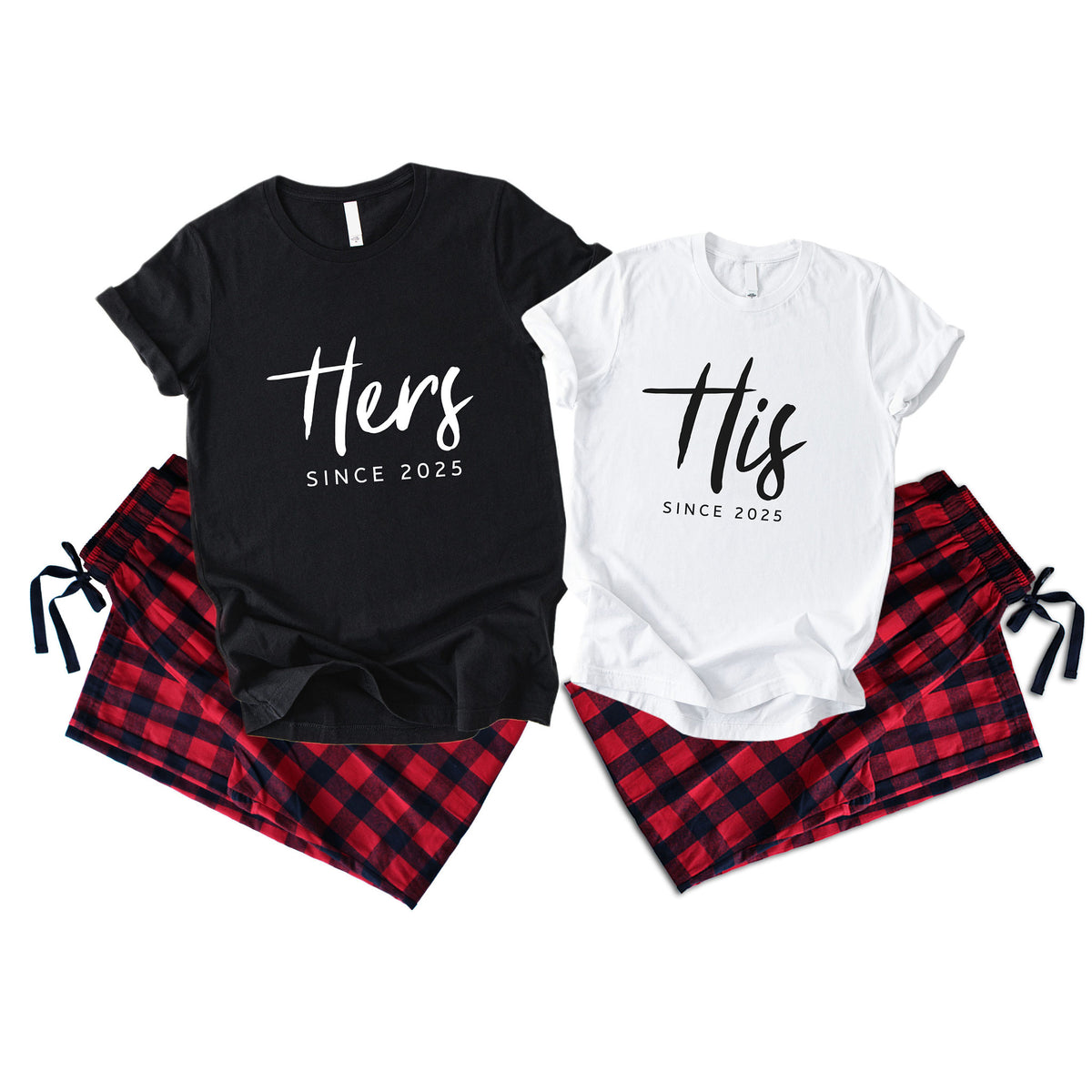 Personalized His & Hers Matching Pajama Set with Custom Year – Couples Flannel Sleepwear for Anniversary, Valentine’s Day, Engagement & Christmas | Set of 1 t-shirt and 1 flannel pants | Price per Set