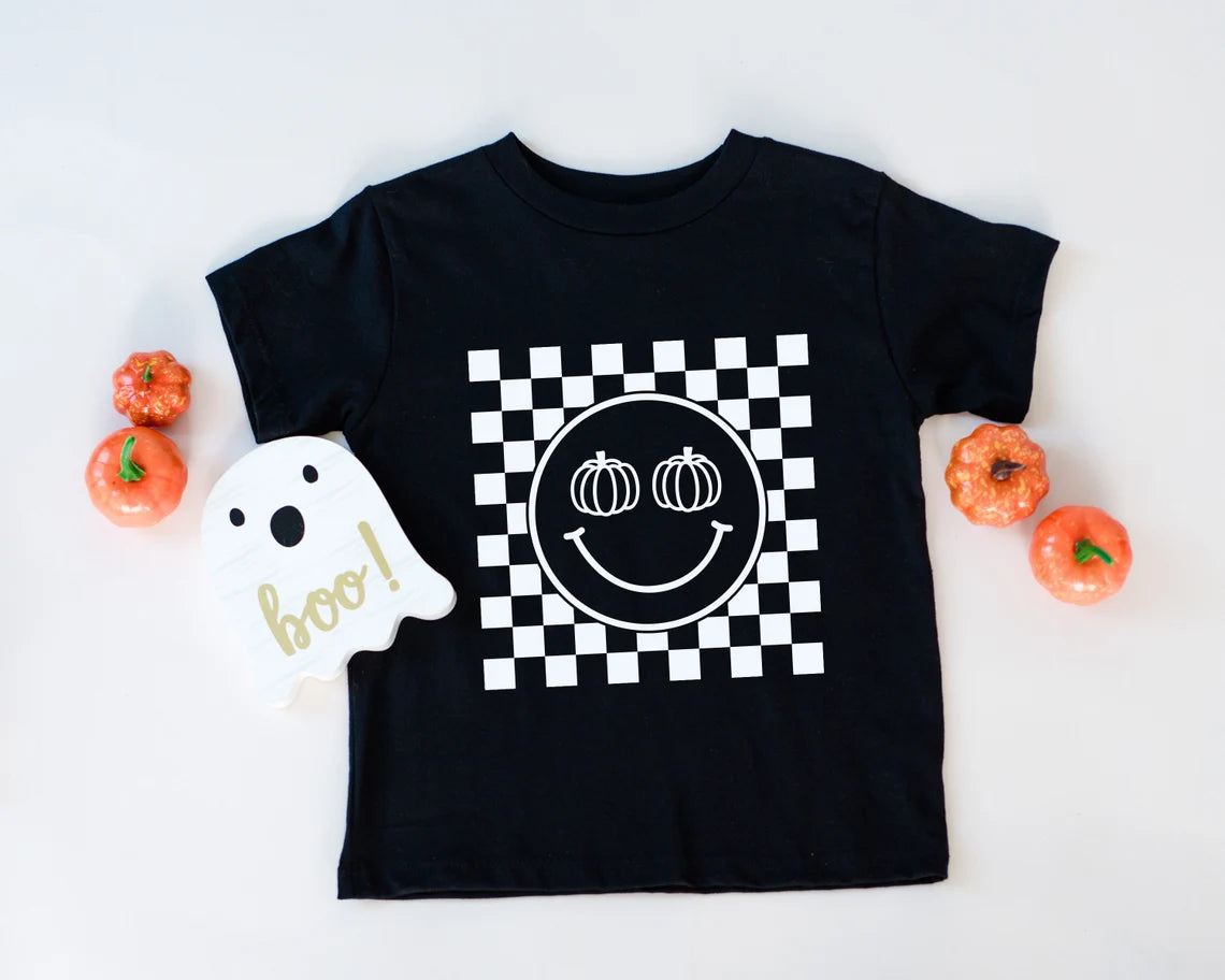 Pumpkin Checkered Smiley Face T-shirt | Halloween T-shirt for Kids | Halloween Toddler Tee | Pumpkin Baby Shirt | Fall Retro Checkered baby t-shirt