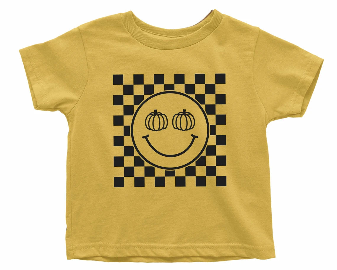 Pumpkin Checkered Smiley Face T-shirt | Halloween T-shirt for Kids | Halloween Toddler Tee | Pumpkin Baby Shirt | Fall Retro Checkered baby t-shirt