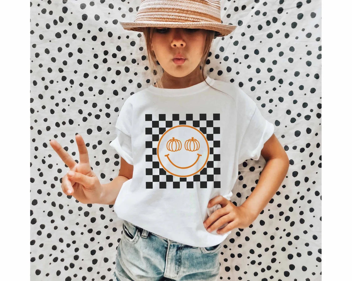 Pumpkin Checkered Smiley Face T-shirt | Halloween T-shirt for Kids | Halloween Toddler Tee | Pumpkin Baby Shirt | Fall Retro Checkered baby t-shirt