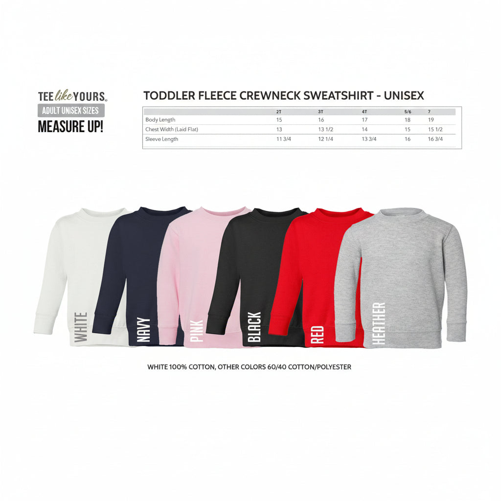 Size and color chart for personalized 5th birthday airplane sweatshirt for kids