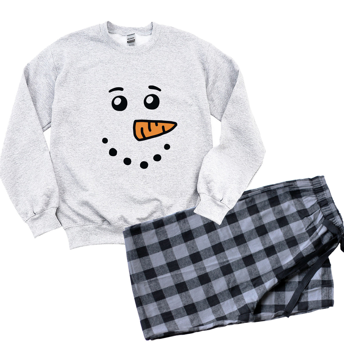 Snowman & Snowwoman Matching Christmas Sweatshirt and Flannel Pajama Set – Cute Couples Holiday Loungewear Outfit | Perfect Christmas Gift for Couples | Price per Set