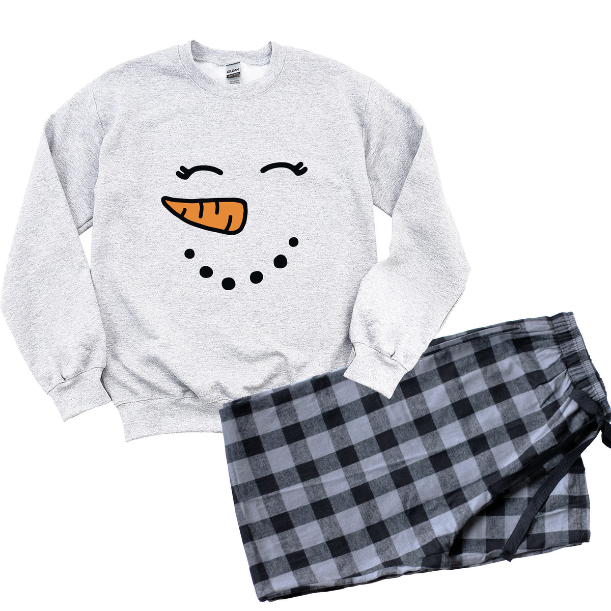 Snowman & Snowwoman Matching Christmas Sweatshirt and Flannel Pajama Set – Cute Couples Holiday Loungewear Outfit | Perfect Christmas Gift for Couples | Price per Set