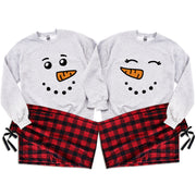 Snowman & Snowwoman Matching Christmas Sweatshirt and Flannel Pajama Set – Cute Couples Holiday Loungewear Outfit | Perfect Christmas Gift for Couples | Price per Set