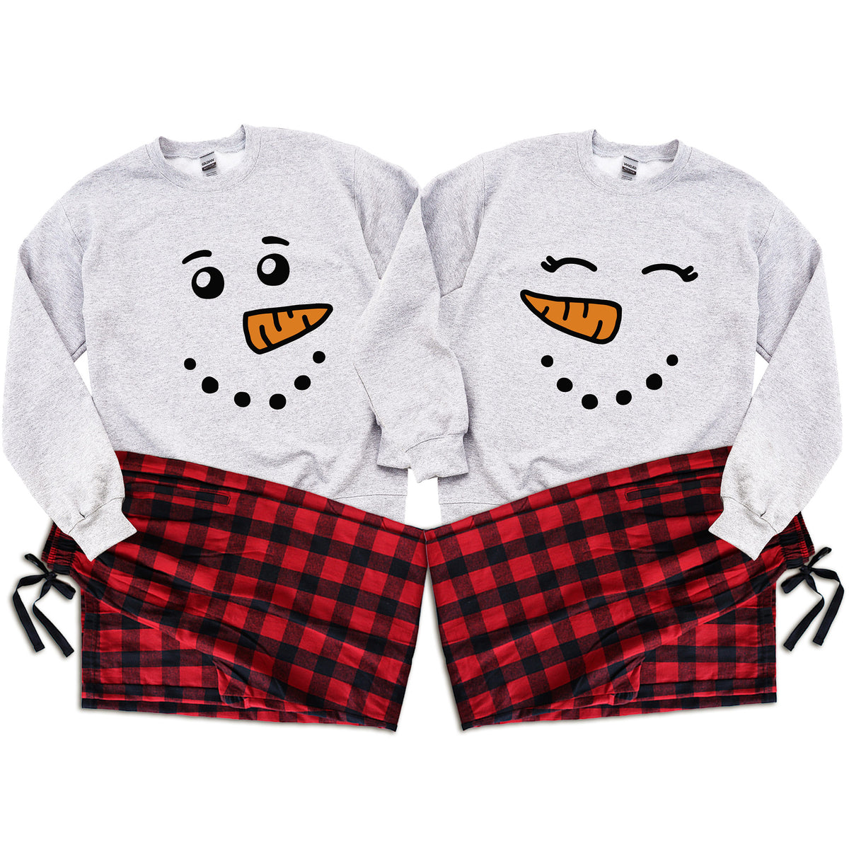 Snowman & Snowwoman Matching Christmas Sweatshirt and Flannel Pajama Set – Cute Couples Holiday Loungewear Outfit | Perfect Christmas Gift for Couples | Price per Set
