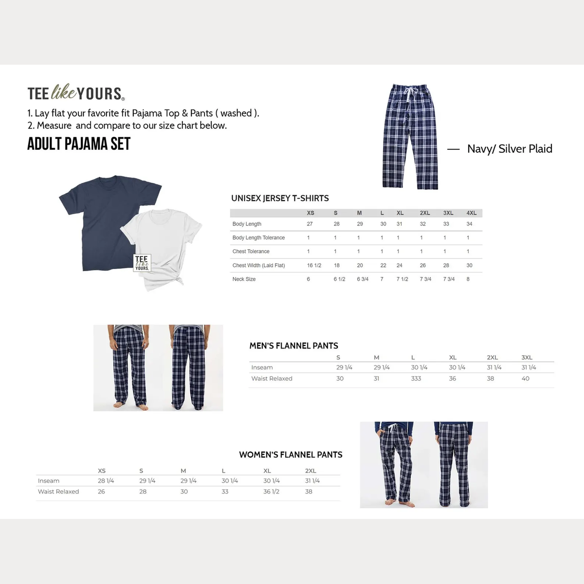 TeeLikeYours adult pajama set size chart showing unisex T-shirt measurements and men's and women's flannel pajama pants sizing, including inseam and relaxed waist measurements.
