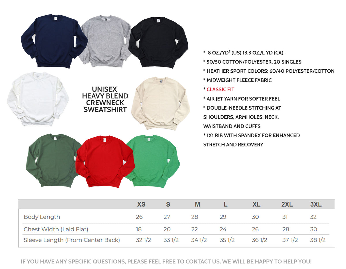 Adult long sleeve sweatshirt size chart with available colors for Valentine’s Day matching mom and daughter outfits