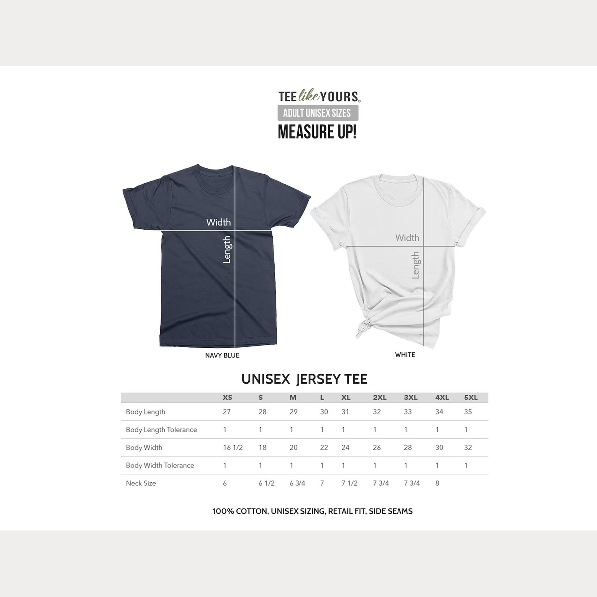 TeeLikeYours adult unisex T-shirt size chart showing how to measure shirt width and length, with measurements from XS to 5XL and a guide to unisex jersey tee sizing.