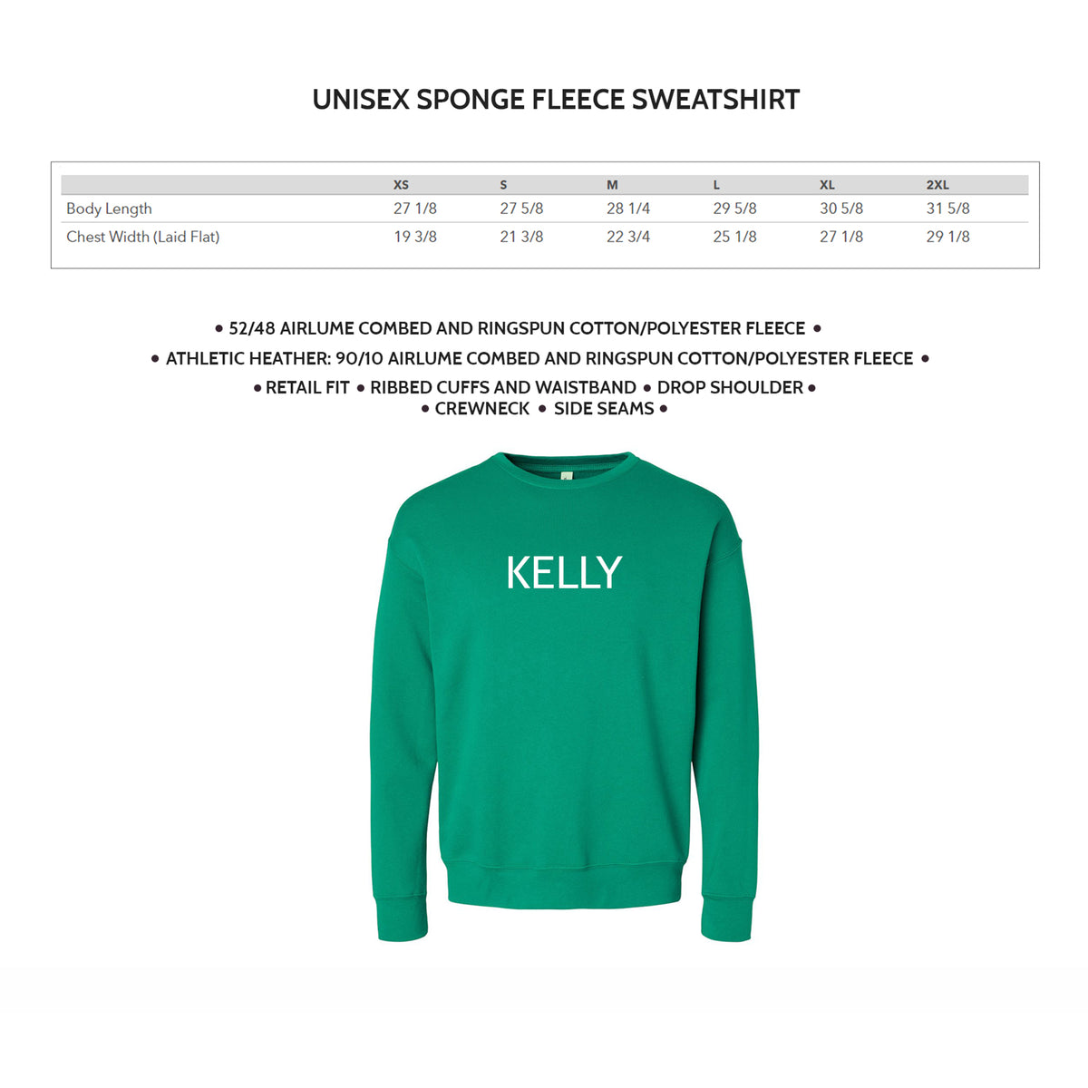 Unisex sponge fleece crewneck sweatshirt size chart with body length and chest width measurements.