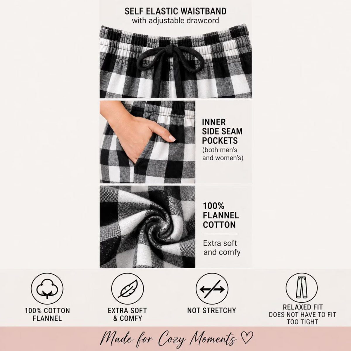 Black and white buffalo plaid flannel pajama pants featuring an adjustable drawstring waistband, inner side seam pockets, soft 100% cotton flannel fabric, and a relaxed fit.