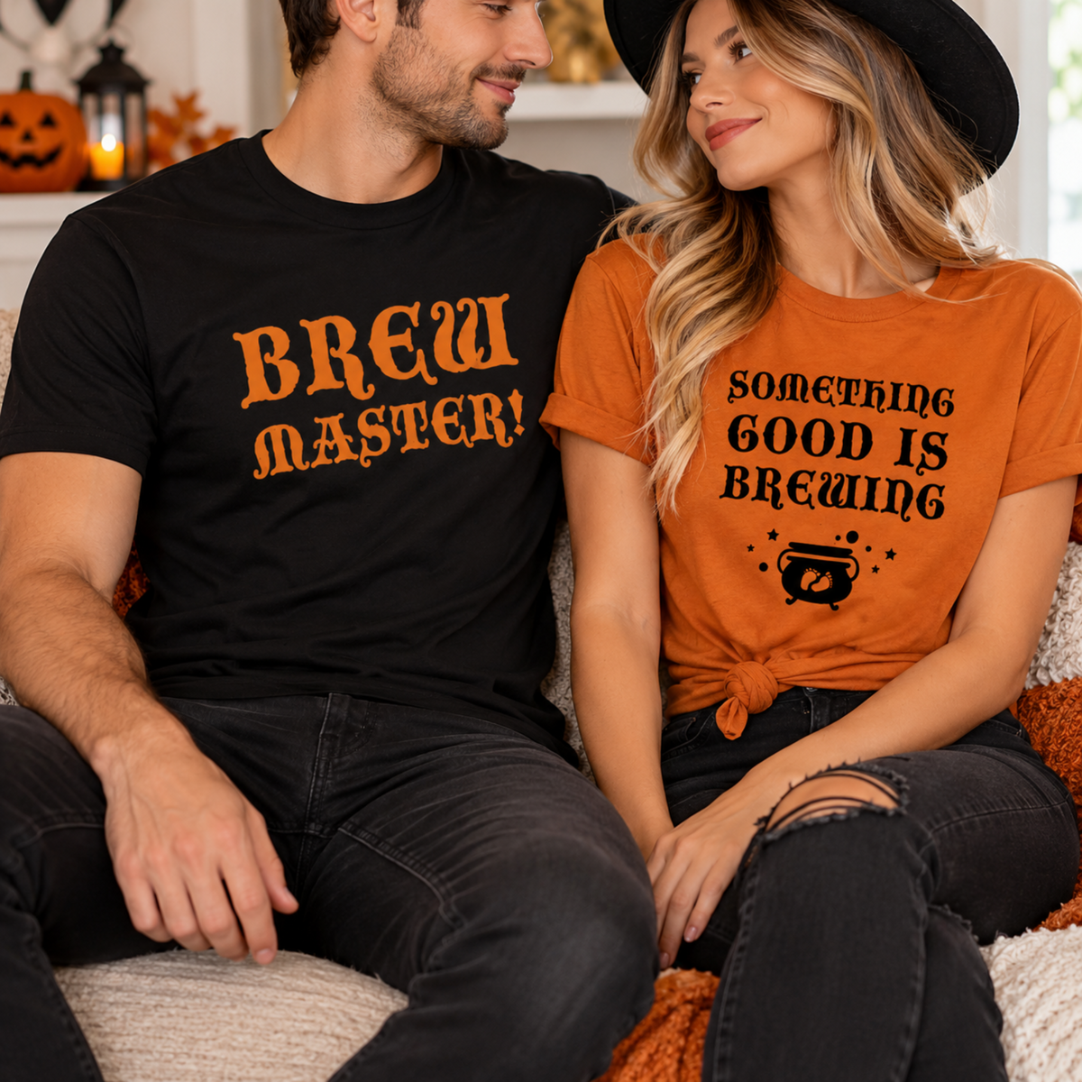 Couple wearing matching Halloween shirts with Brew Master and Something Good Is Brewing designs in black and autumn colors