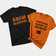 Brew Master and Something Good Is Brewing matching Halloween shirts in black and autumn colors with witchy brewing designs
