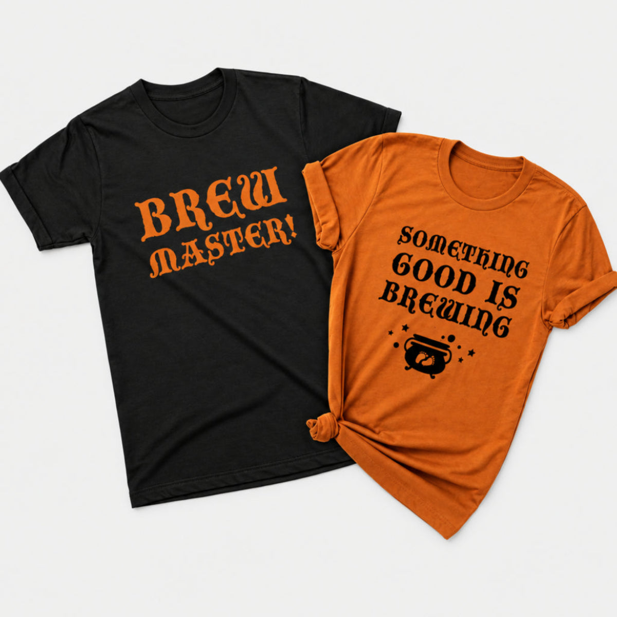 Brew Master and Something Good Is Brewing matching Halloween shirts in black and autumn colors with witchy brewing designs