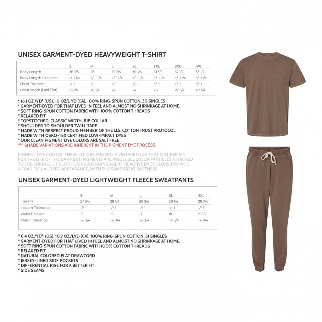 Size chart and espresso color information for Charleston South Carolina Comfort Colors® t-shirt and sweatpants set