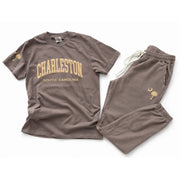 Flat lay of Charleston South Carolina matching t-shirt and sweatpants set displaying front print and palm moon sleeve and pants details