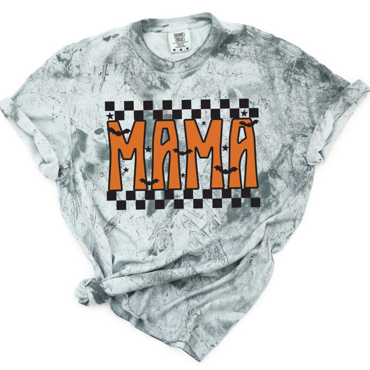 Checkered Fall Mama Halloween shirt with orange Mama graphic, bats, stars, and black checkerboard design on a garment-dyed t-shirt