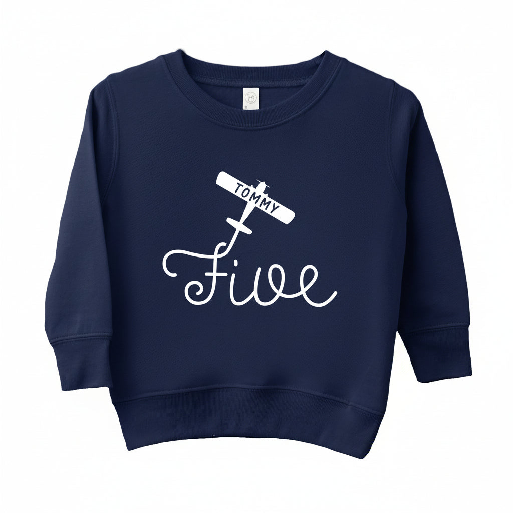 Navy personalized 5th birthday airplane sweatshirt with five aviation design