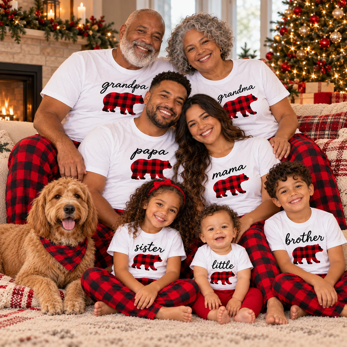 Family wearing matching Christmas pajamas with Grandpa, Grandma, Papa, Mama, Sister, Little, and Brother white bear graphic shirts and red and black buffalo plaid pajama pants in a cozy holiday home