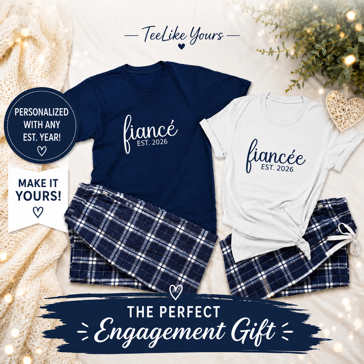 Fiancé & Fiancée Matching Pajamas – Engagement Couple PJs with Flannel Pants