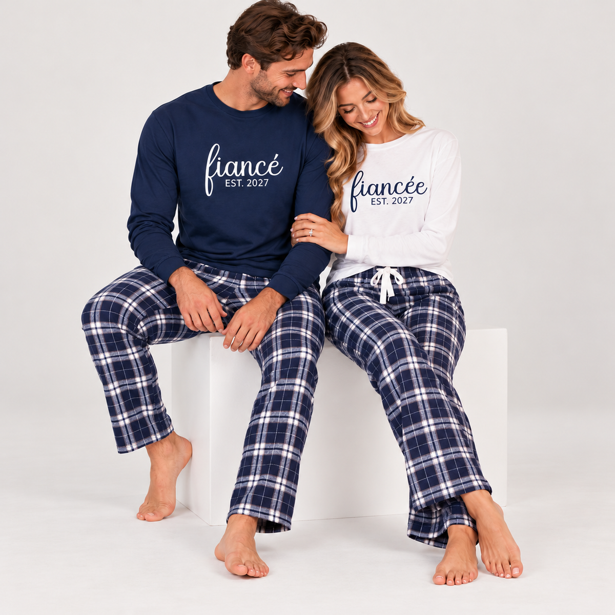 Fiancé & Fiancée Matching Pajamas with Long Sleeve Tees and Flannel Pants