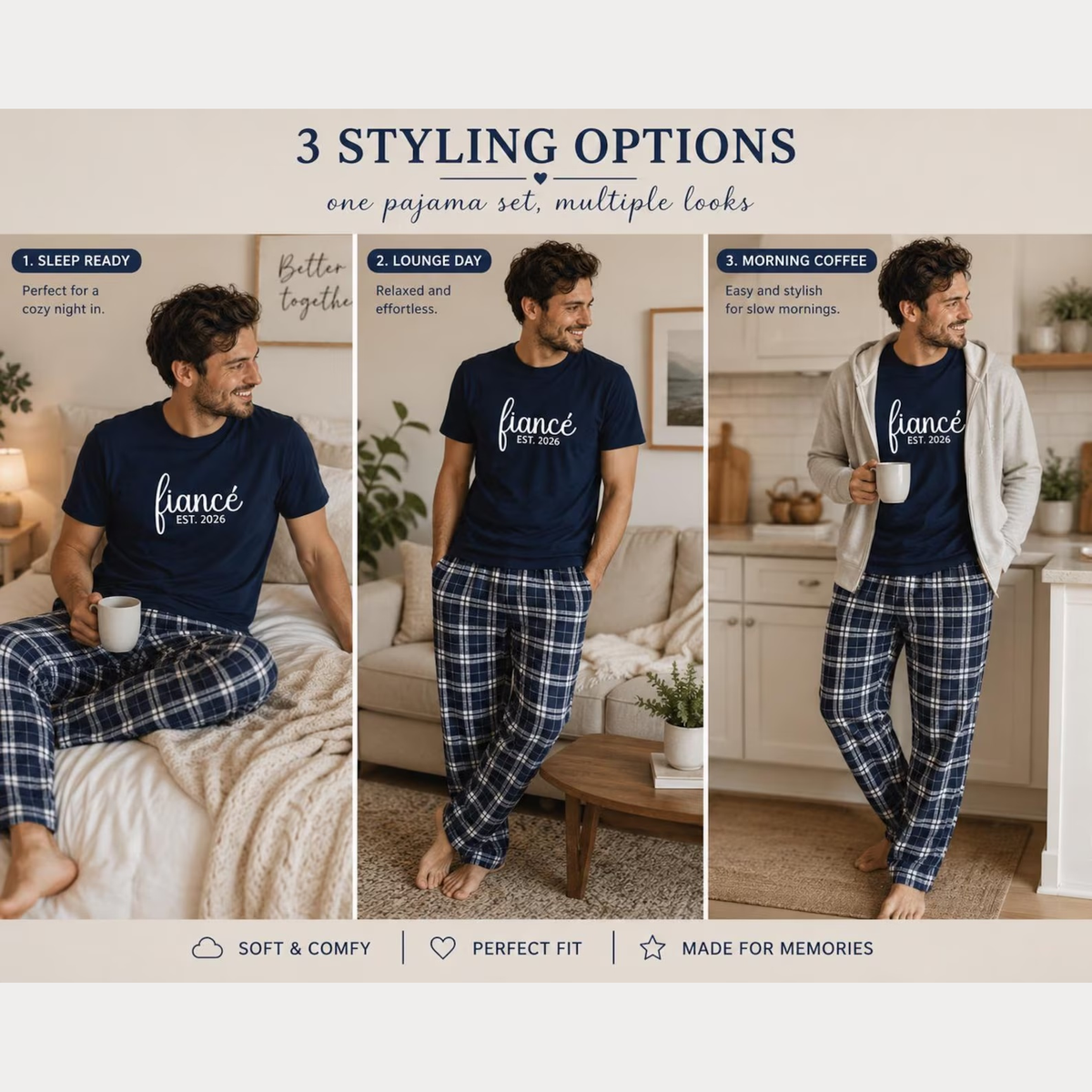 Three styling options for fiancé engagement pajamas featuring a fiancé T-shirt and plaid flannel pajama pants, styled for sleeping, relaxing at home, and enjoying morning coffee.