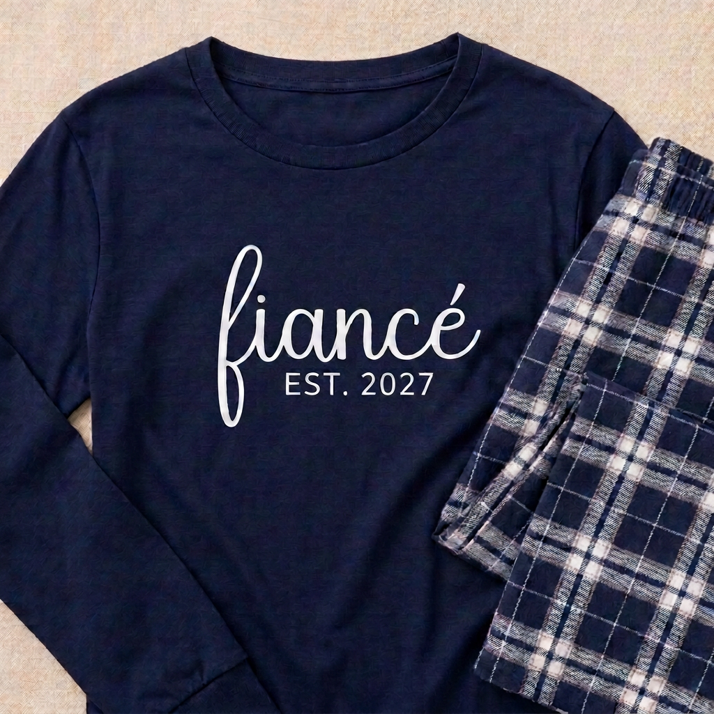 Navy long-sleeve tee with white “fiancé” and “EST. 2027” print beside folded navy and silver plaid pajama pants.