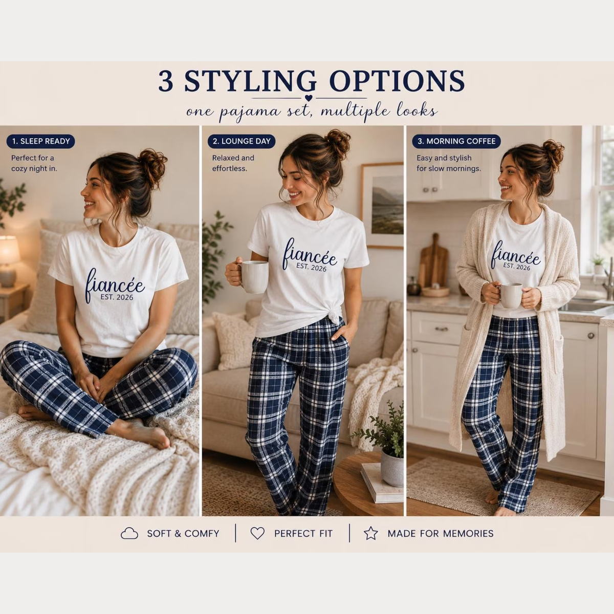 Three styling options for fiancée engagement pajamas featuring a personalized graphic T-shirt and plaid flannel pajama pants, styled for sleeping, lounging, and morning coffee.