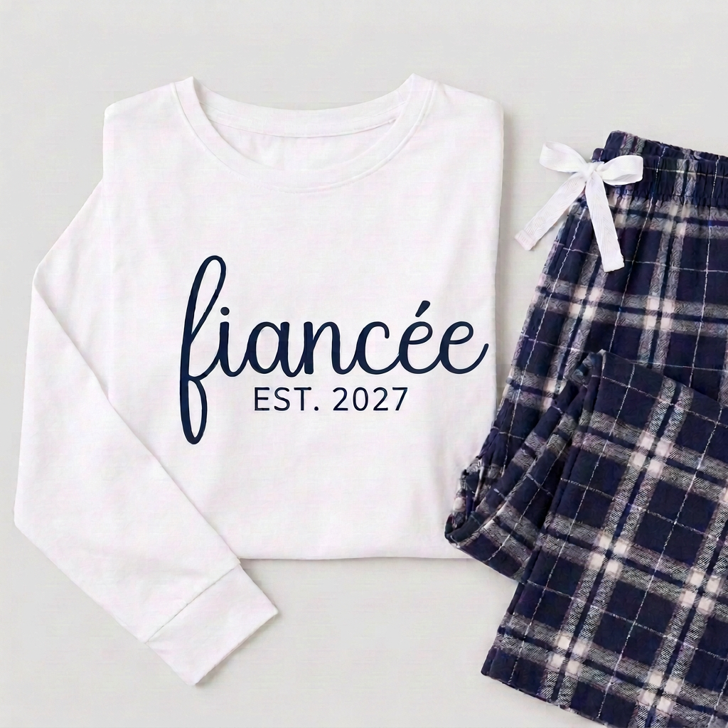 White long-sleeve tee with navy “fiancée” and “EST. 2027” print beside folded navy and silver plaid pajama pants.