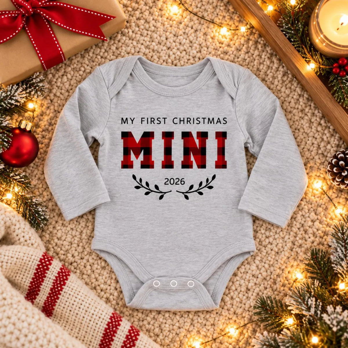 Personalized First Christmas Mini 2026 baby long-sleeve bodysuit featuring a red and black buffalo plaid design with decorative black branches, displayed on a cozy knitted blanket with festive Christmas decorations.
