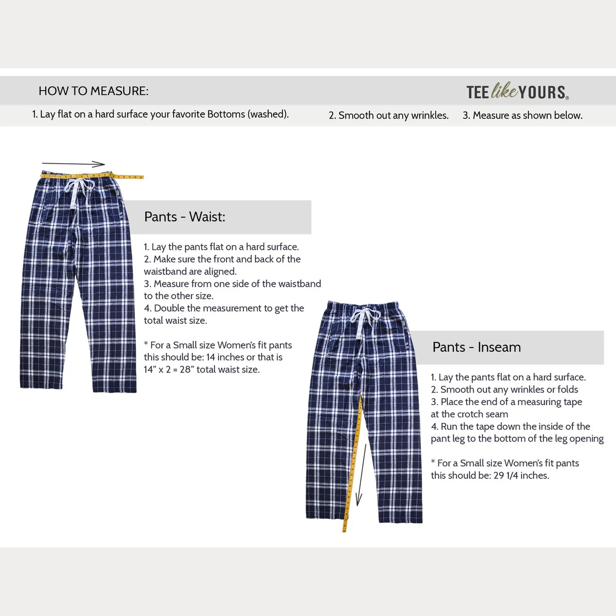 TeeLikeYours flannel pajama pants measuring guide illustrating how to measure the waistband for waist size and the inside leg seam for inseam length, with step-by-step instructions.