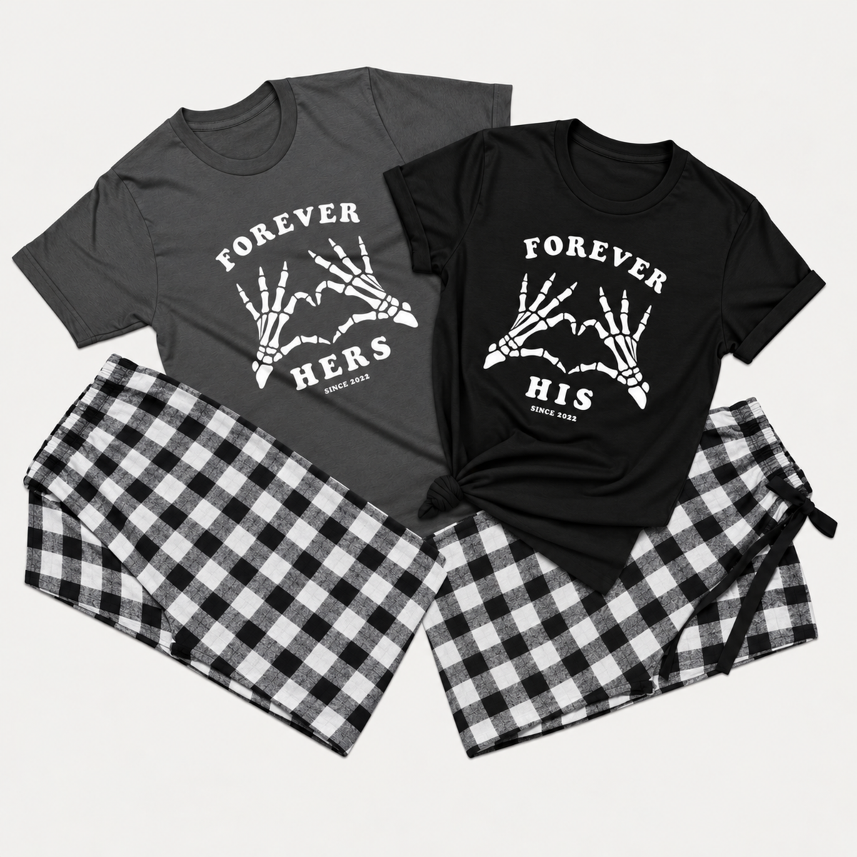 Forever Hers and His matching asphalt and black T-shirts with black and white flannel pajama pants