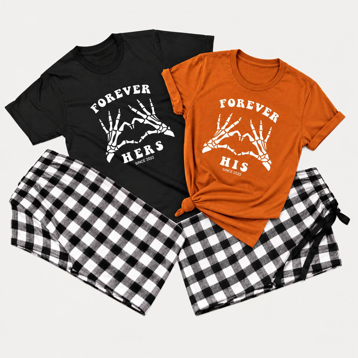 Forever Hers and His matching black and autumn T-shirts with black and white flannel pajama pants